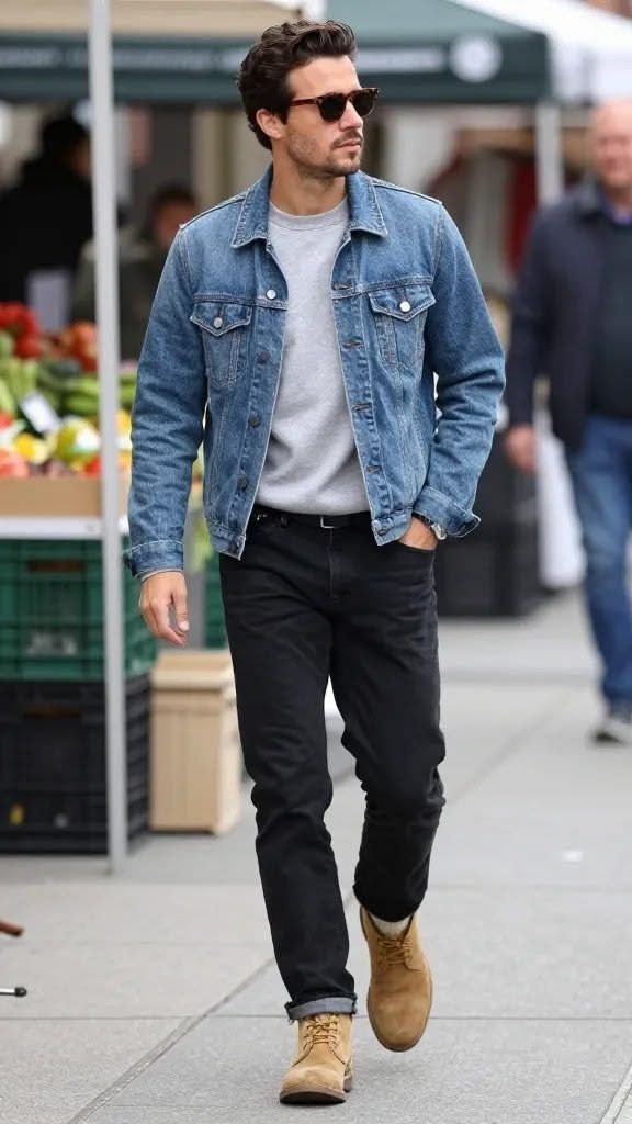 A man walking in a denim jacket, grey shirt, black pants, and tan boots.