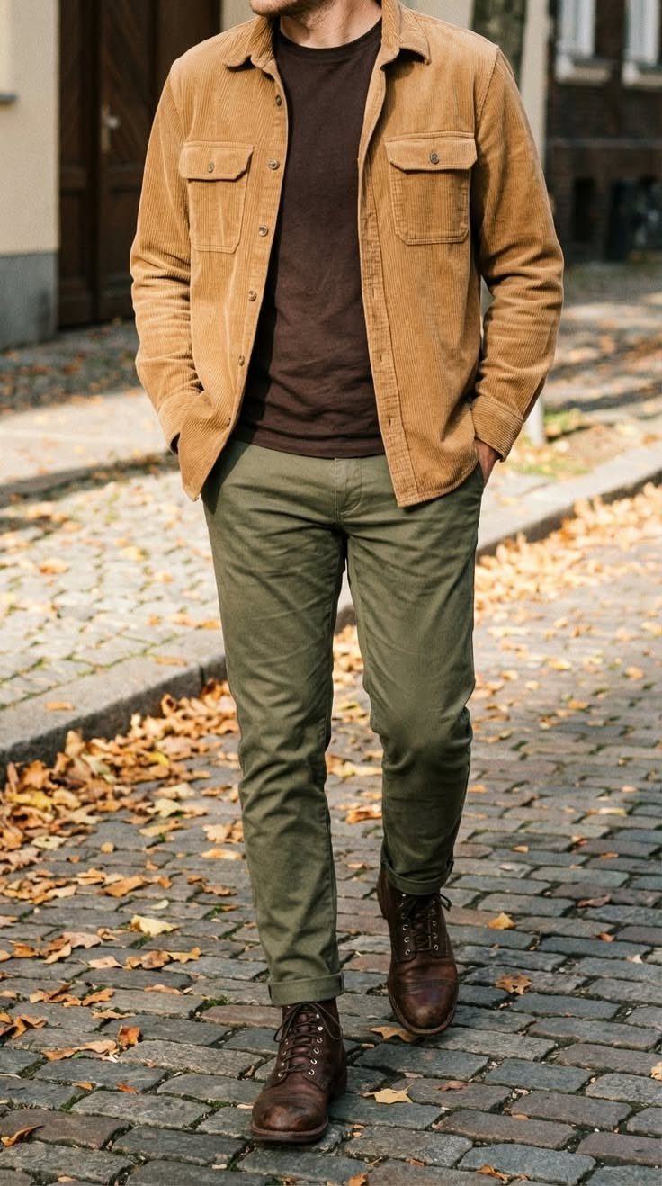 Man walking on a cobblestone street wearing a tan corduroy shirt, brown t-shirt, and olive pants.