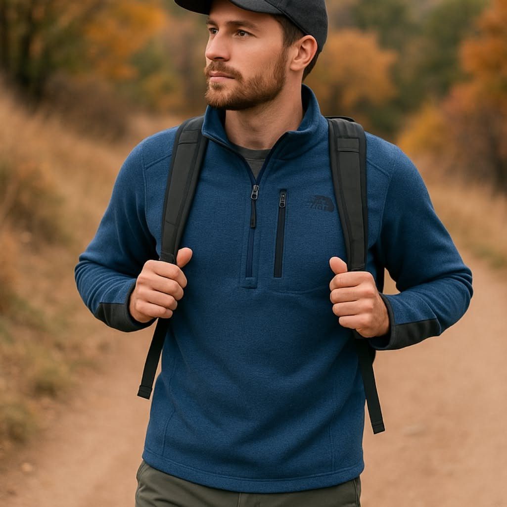 A man wearing a blue quarter-zip fleece pullover and a backpack on a fall trail.