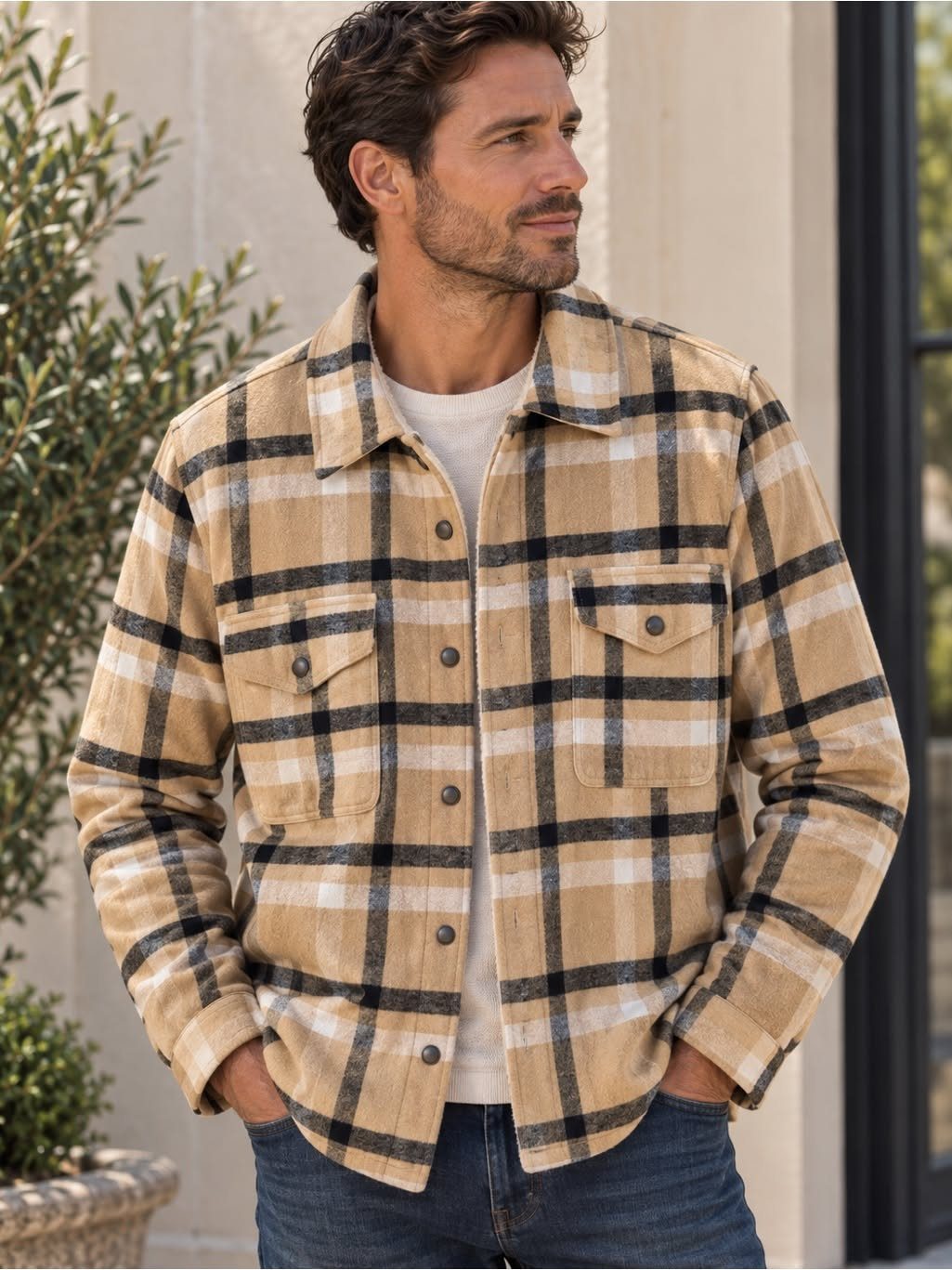 A man wearing a tan and black plaid shacket over a white t-shirt and blue jeans.