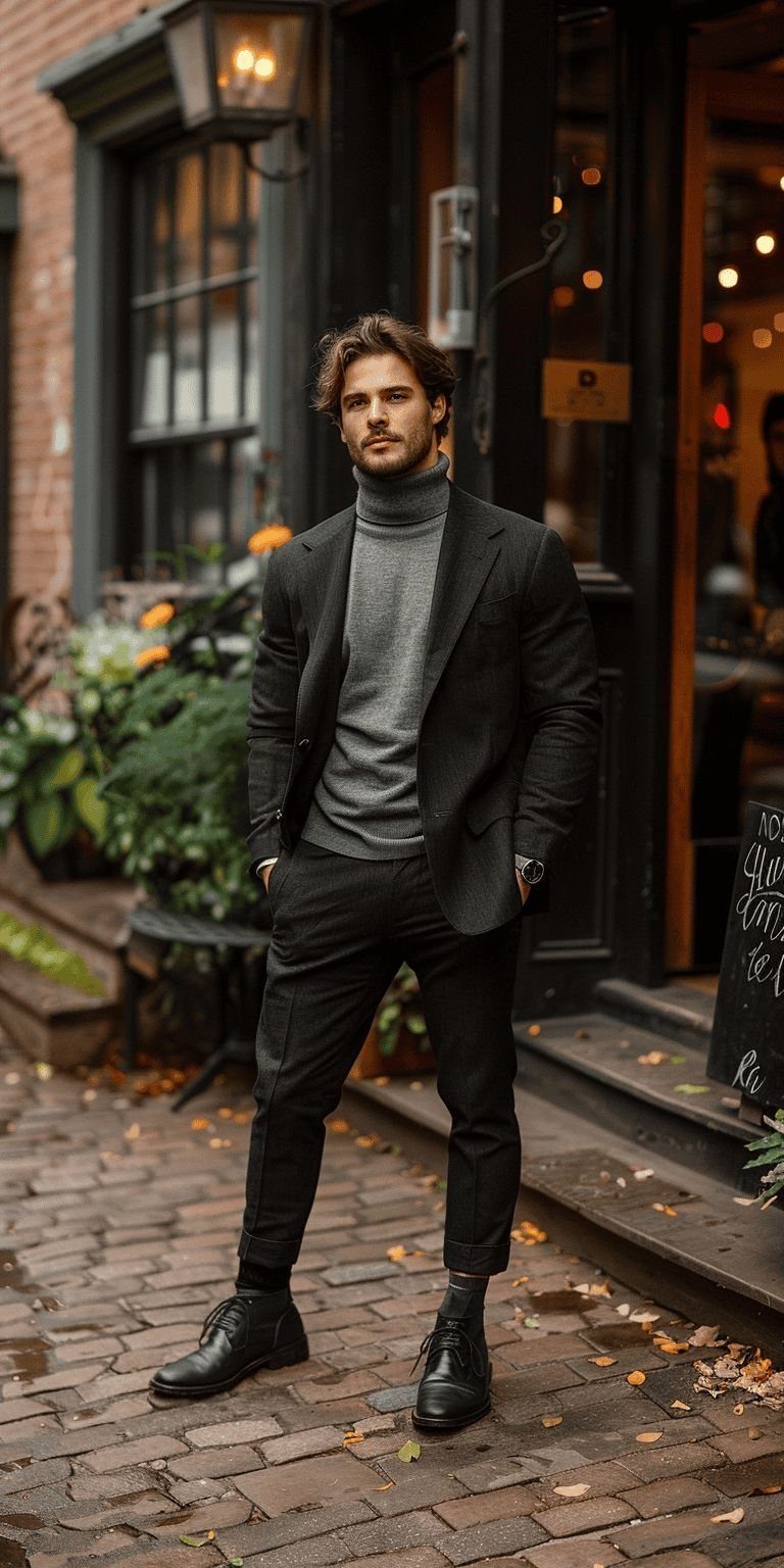 A man posing in a black blazer, grey turtleneck, and black trousers on a brick street.