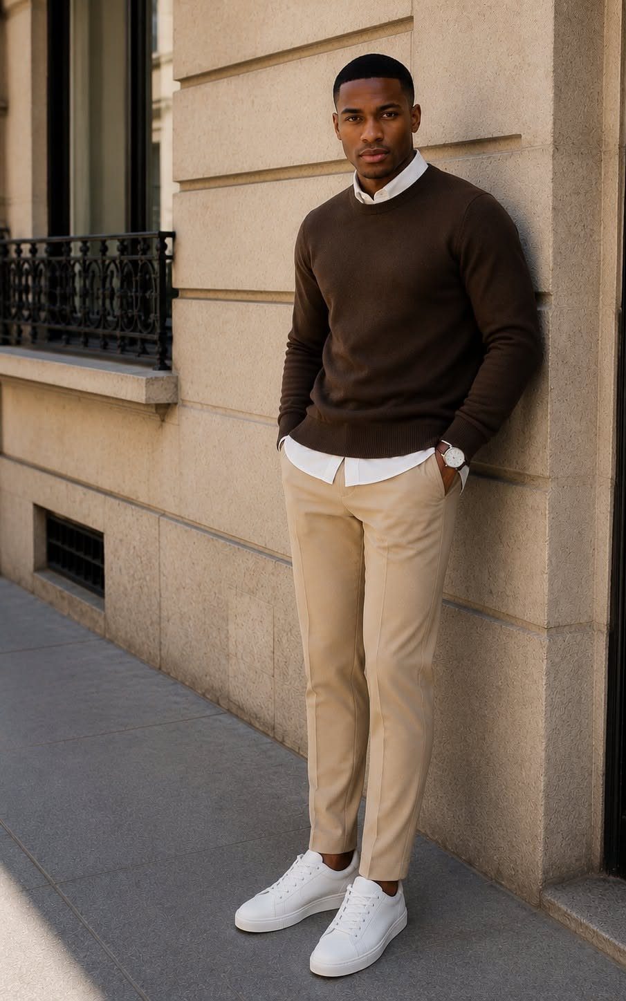 A man wearing a brown sweater, white shirt, and tan trousers leaning against a wall.