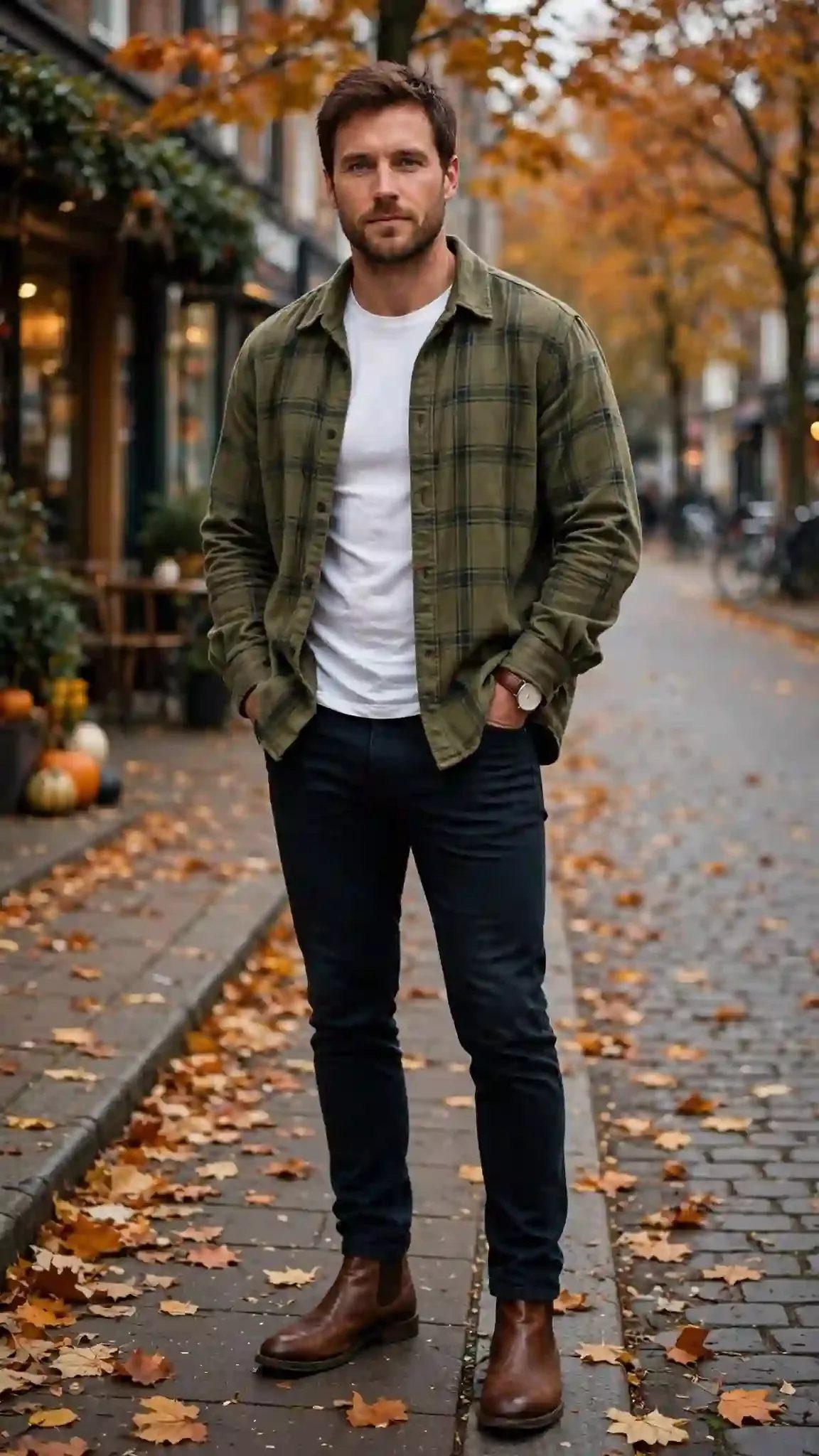 A man wearing an olive plaid shirt, white t-shirt, dark pants, and brown boots standing on autumn leaves.
