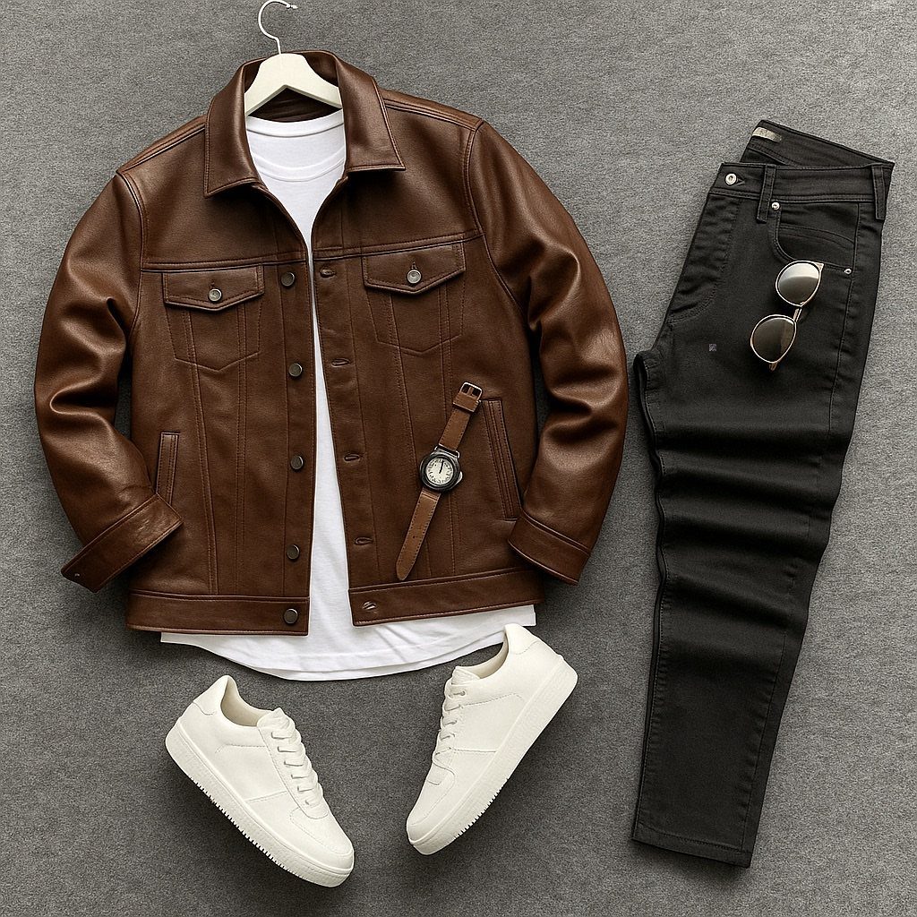 Brown leather jacket, white t-shirt, black jeans, and white sneakers arranged in a flat lay.