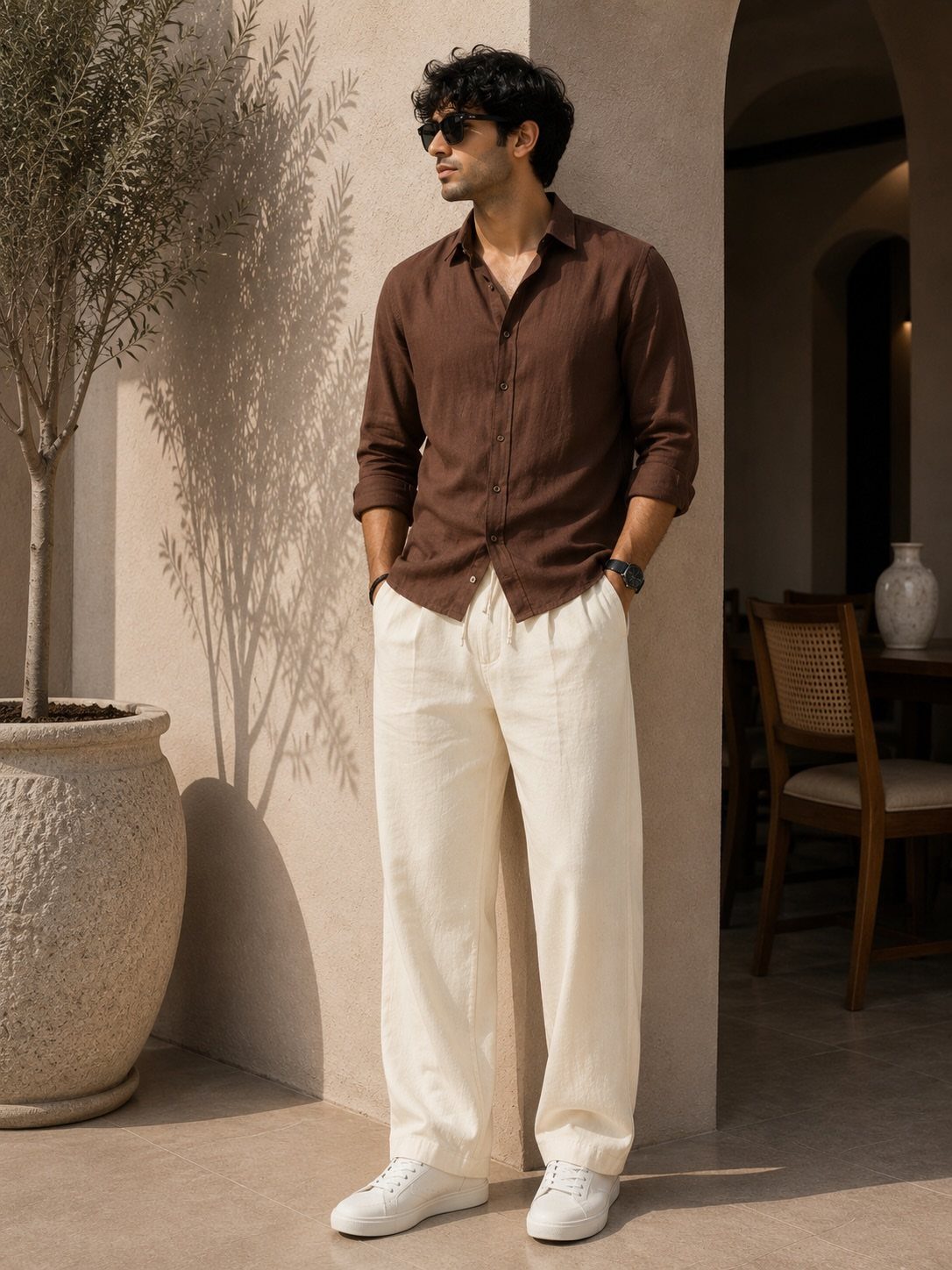 Man wearing a brown shirt, cream linen pants, and white sneakers standing outdoors.