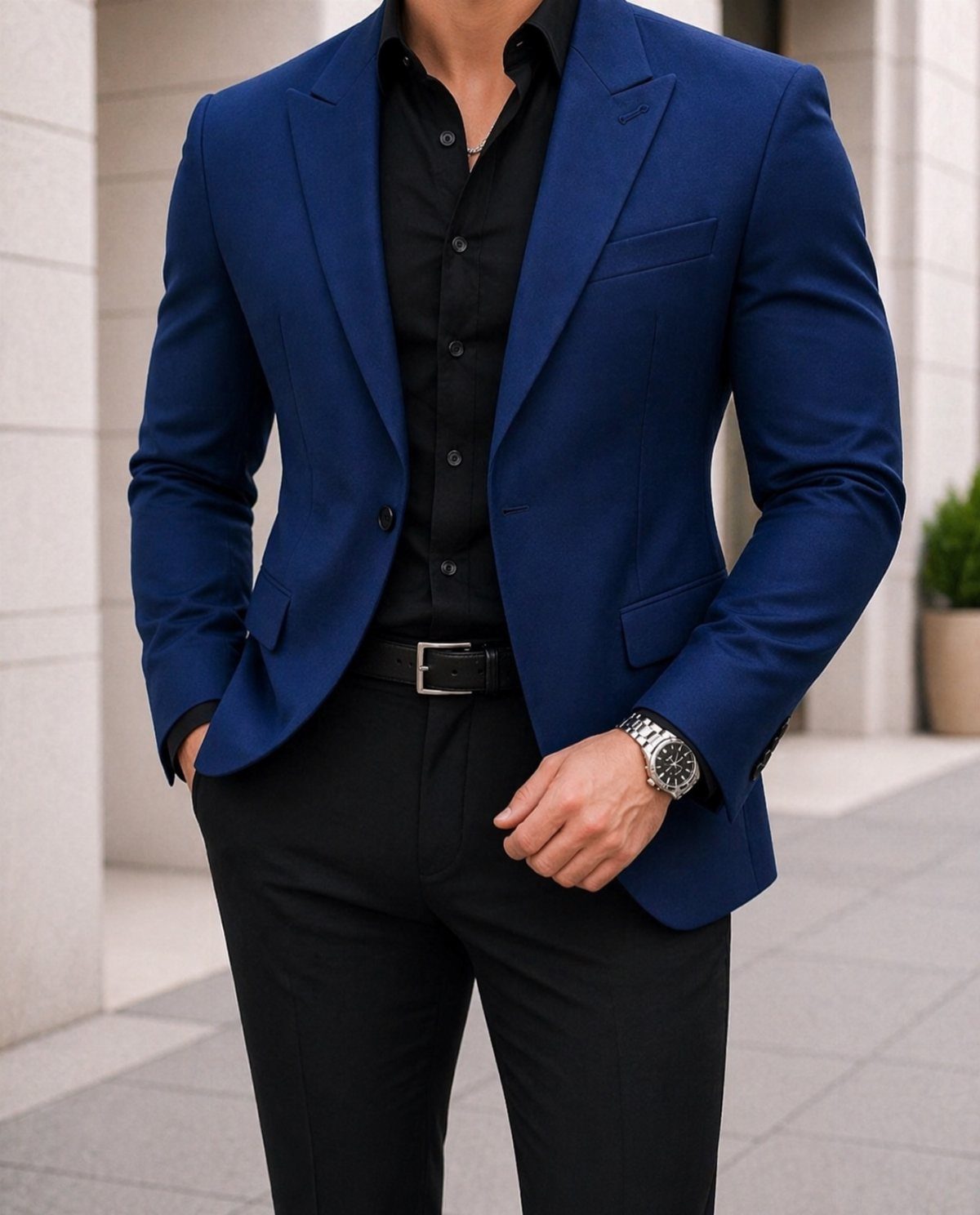 A man wearing a vibrant blue blazer, black shirt, and black trousers outdoors.