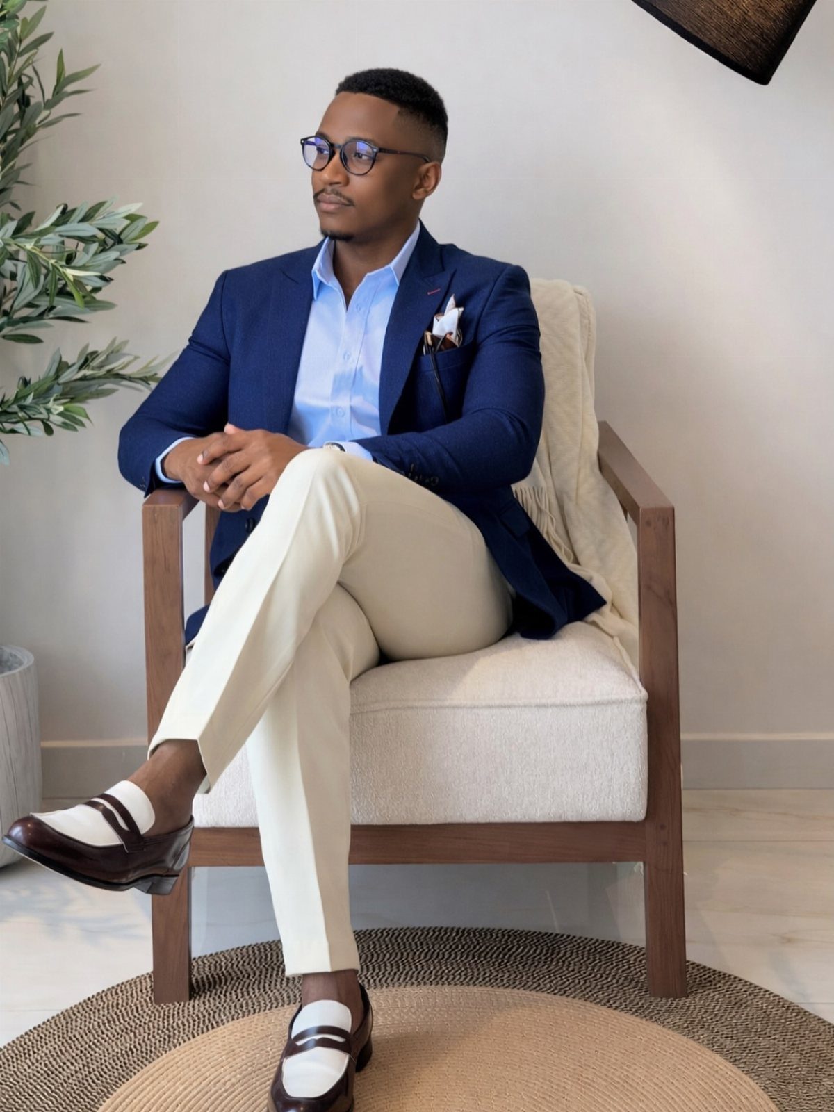 Man in navy blue blazer and cream pants sitting in a white armchair.