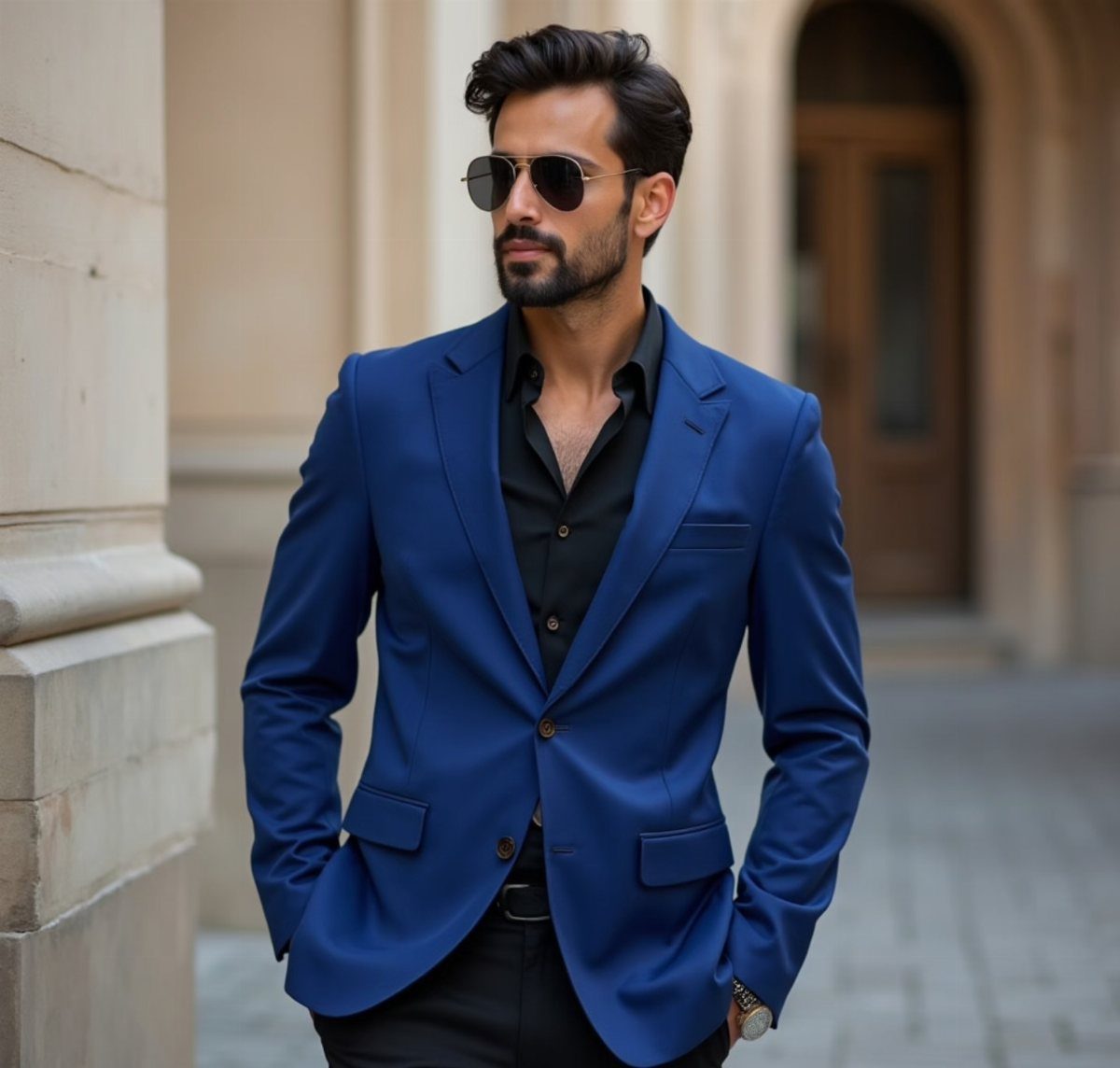 Man in a blue suit jacket and black shirt wearing sunglasses outdoors.