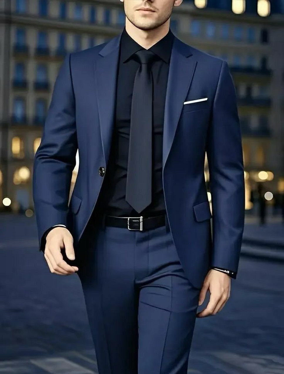 A man dressed in a sharp navy blue suit with a matching shirt and tie.