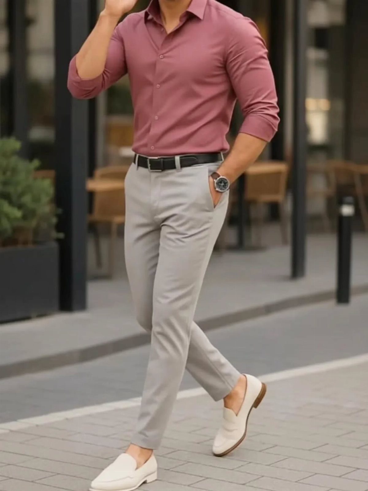 Man walking in a dusty rose shirt, light grey trousers, and cream loafers.
