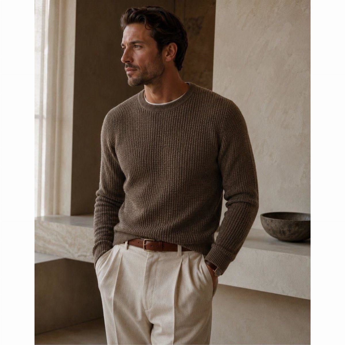 A man in a brown textured crewneck sweater and cream trousers standing indoors.