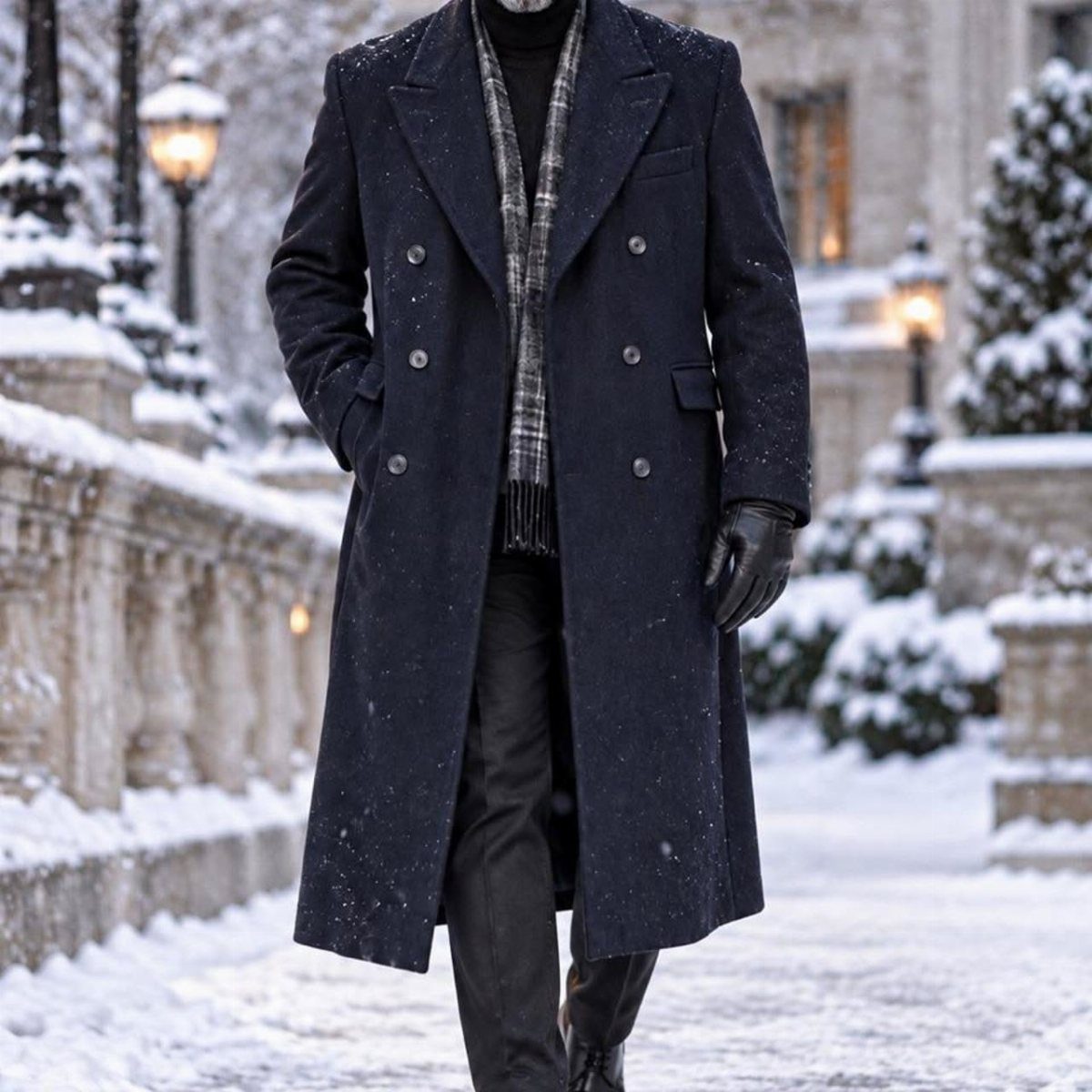 A person walking through snow wearing a long navy double-breasted wool coat and plaid scarf.