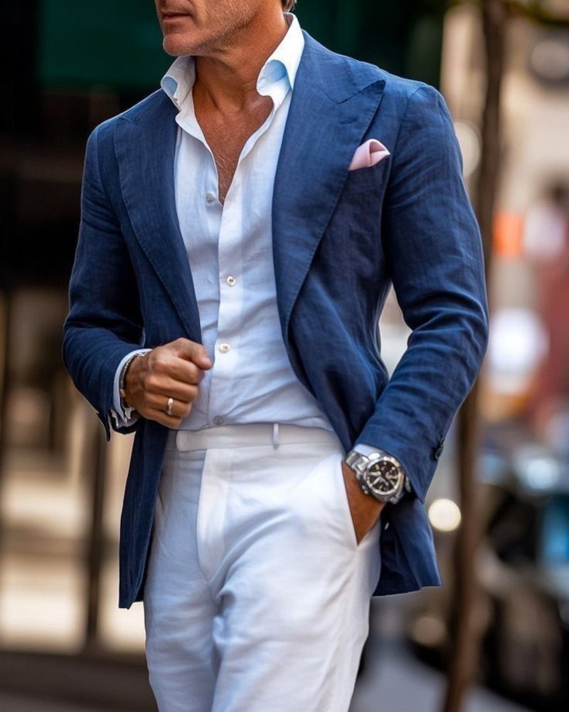 A man dressed in a blue blazer, light blue shirt, and white trousers walking outdoors.