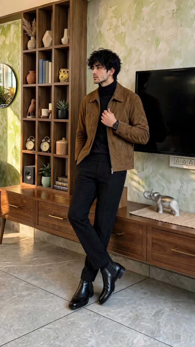 A man wearing a brown suede jacket, black turtleneck, and black trousers posing indoors.