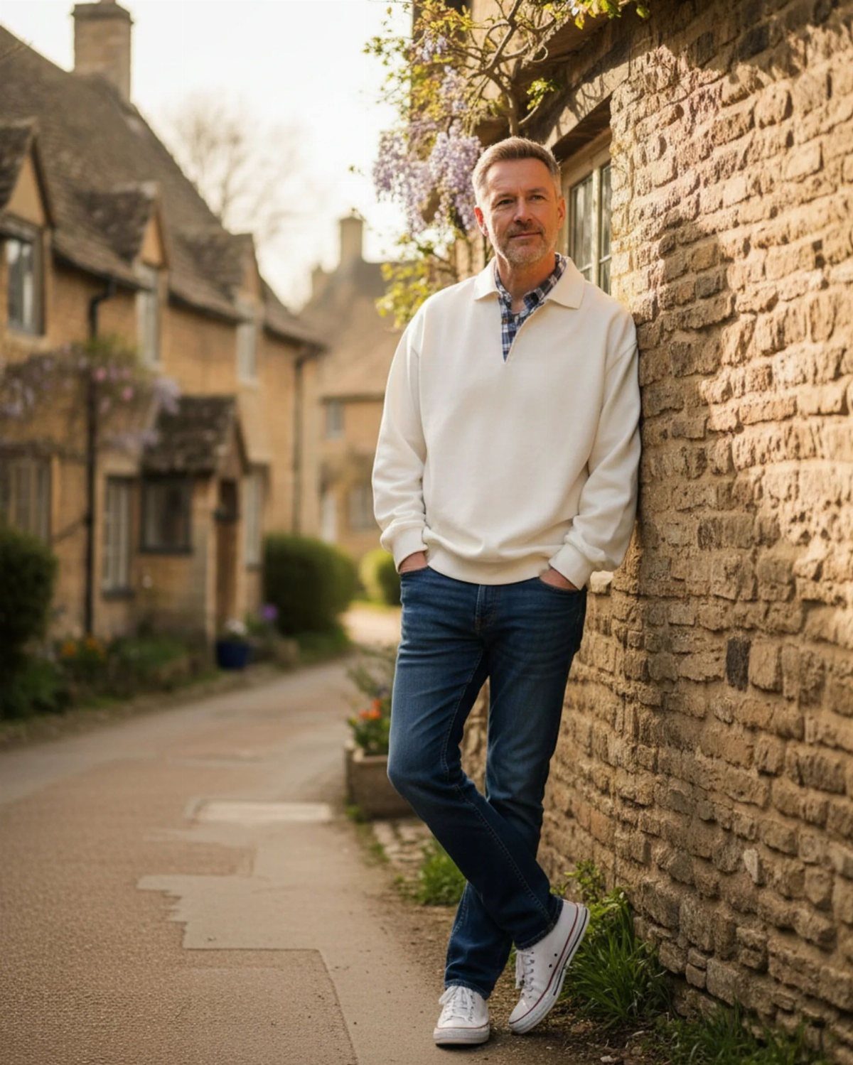 A middle-aged man in a white polo and blue jeans leaning against a stone wall.