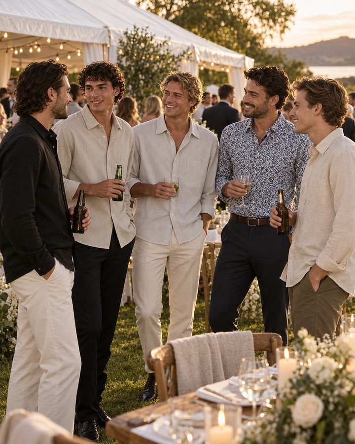 Five men in casual button-down shirts and trousers standing together at an outdoor evening wedding event.