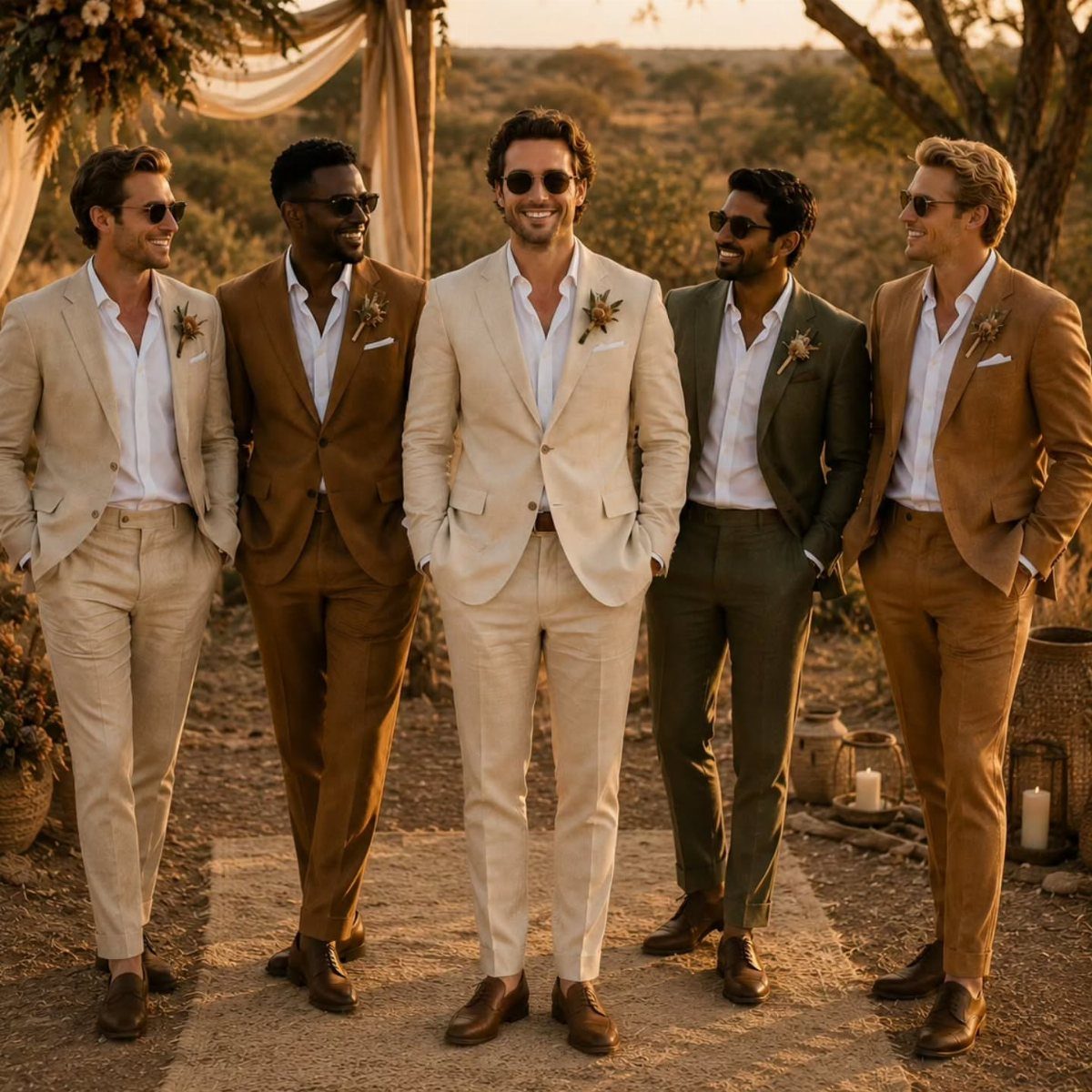 Five men smiling in linen suits of cream, tan, and earth tones during an outdoor wedding.