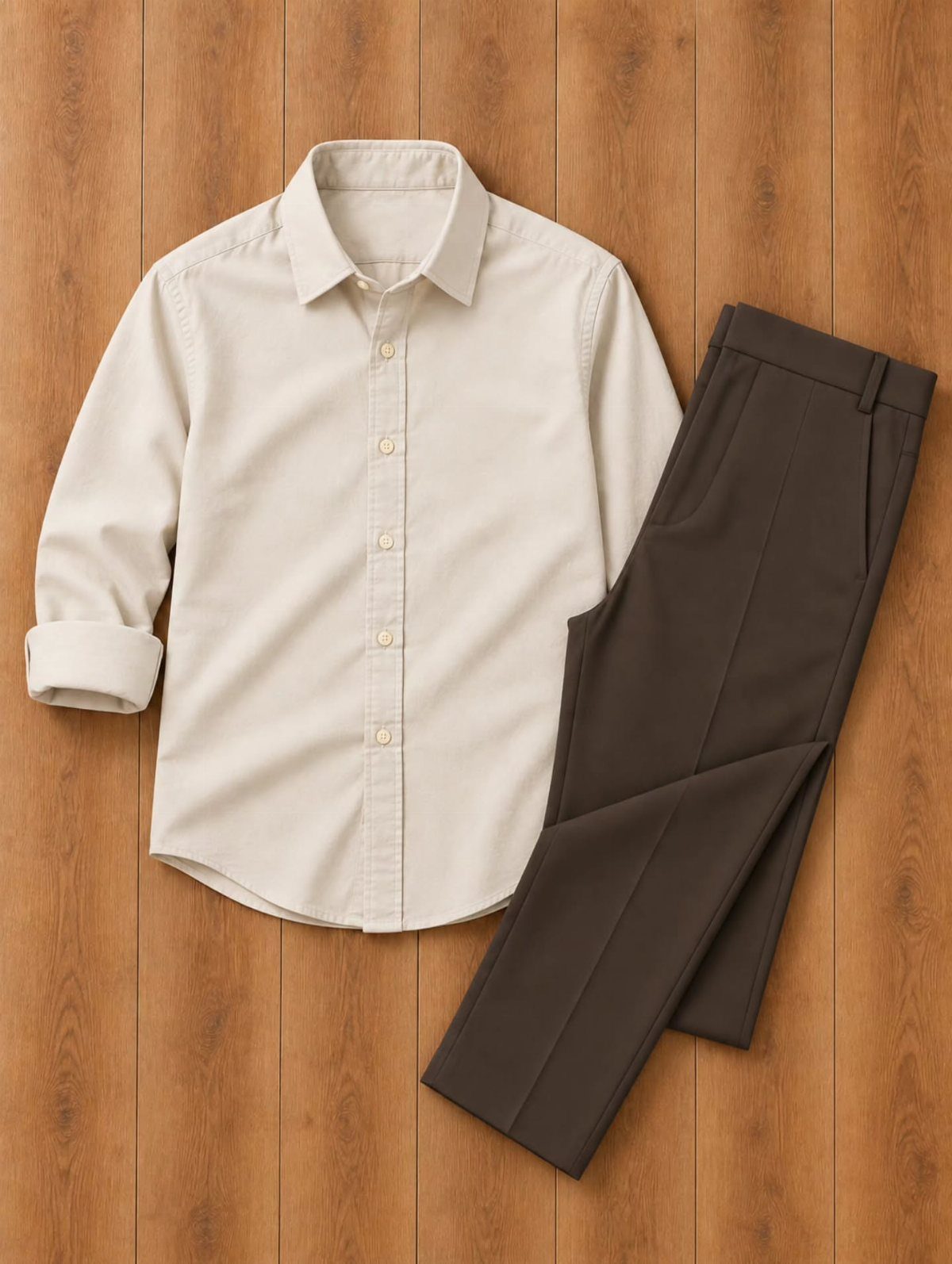 A cream button-down shirt and brown trousers laid flat on a wooden floor.