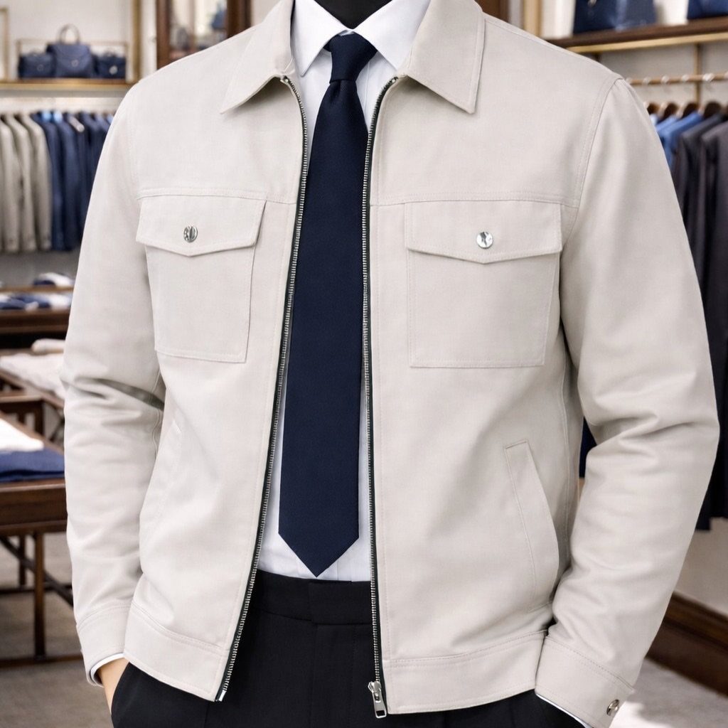 Man wearing a light beige structured jacket over a white shirt and navy tie.