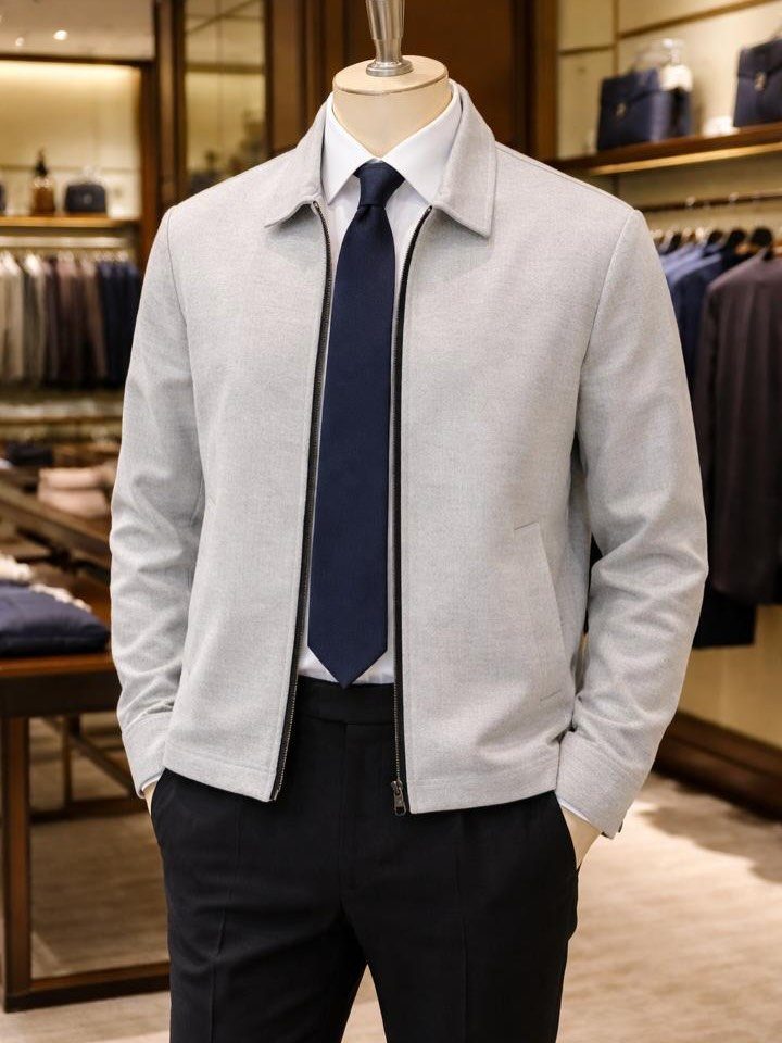 A mannequin dressed in a grey jacket, white shirt, navy tie, and black trousers.