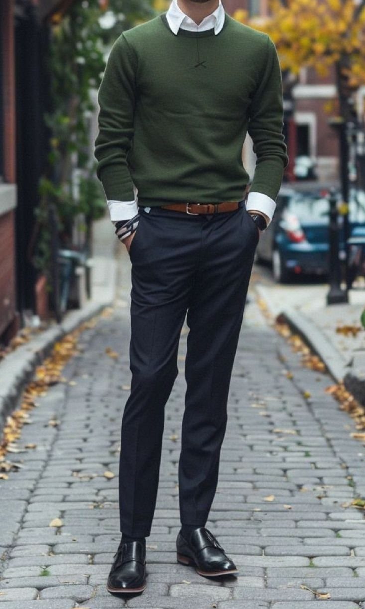 Man in olive green sweater, white collared shirt, dark trousers, and black shoes standing on cobblestone.