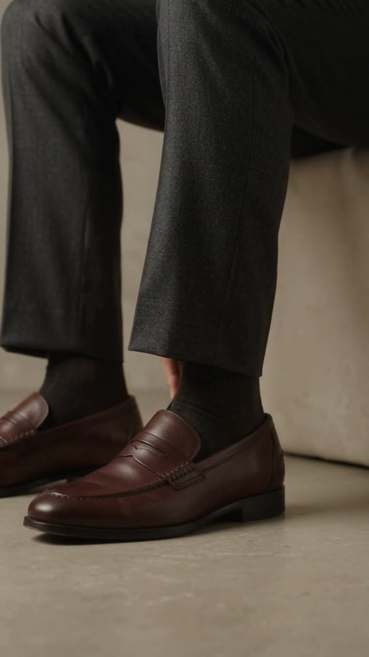 Dark brown leather loafers worn with charcoal trousers and dark socks on a neutral background.