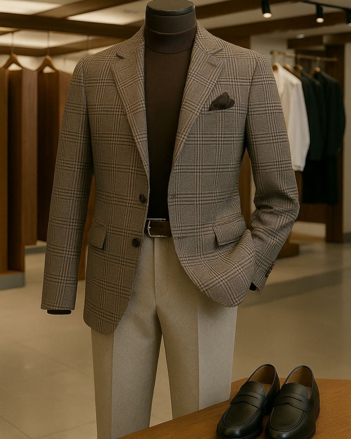 A brown plaid wool blazer displayed on a mannequin with beige trousers and black loafers.