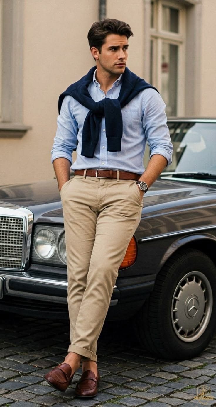 Man in light blue shirt and tan khakis leaning against a vintage car.