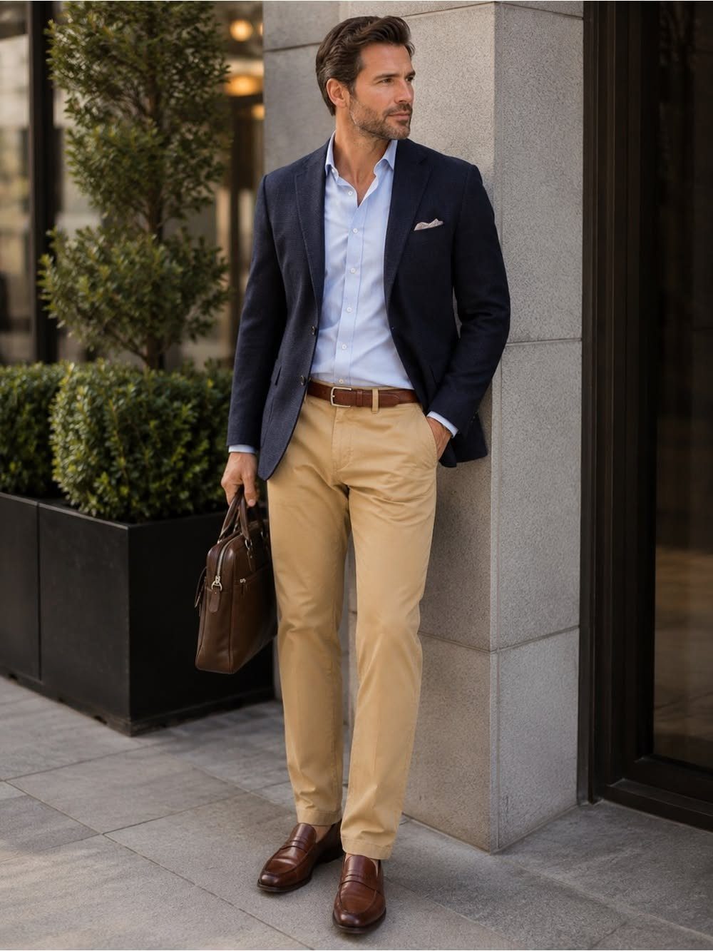 Man wearing a navy blazer, light blue shirt, and tan khaki trousers standing outdoors.