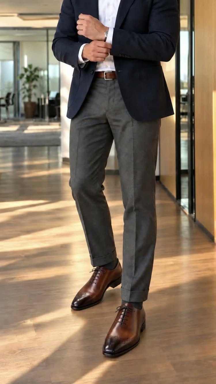 A man dressed in a navy blazer, white shirt, grey trousers, and brown leather shoes.