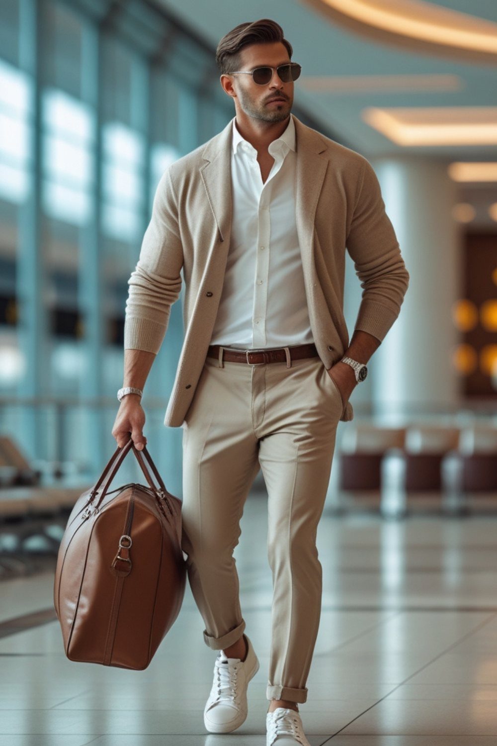 Man in a beige suit and white sneakers walking through a modern airport terminal.