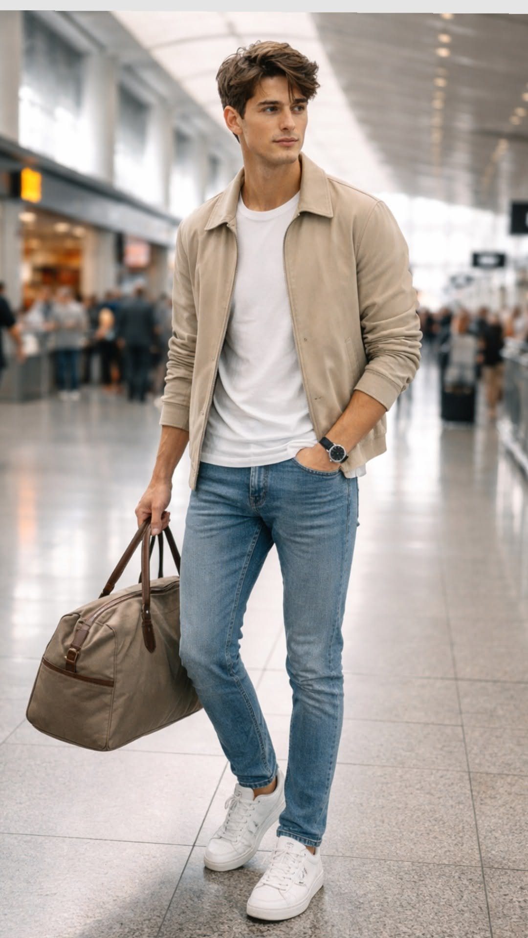 A man in a beige jacket and blue jeans walking through an airport terminal carrying a duffel bag.