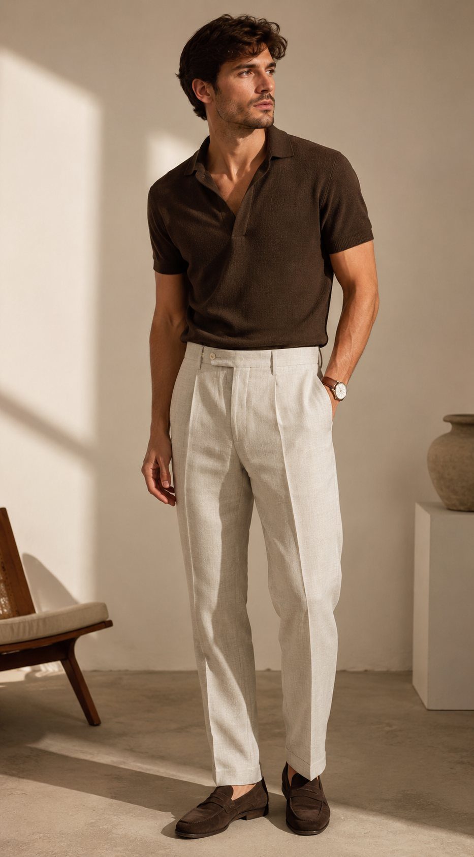 A man wearing a brown polo shirt and light grey pleated trousers standing indoors.