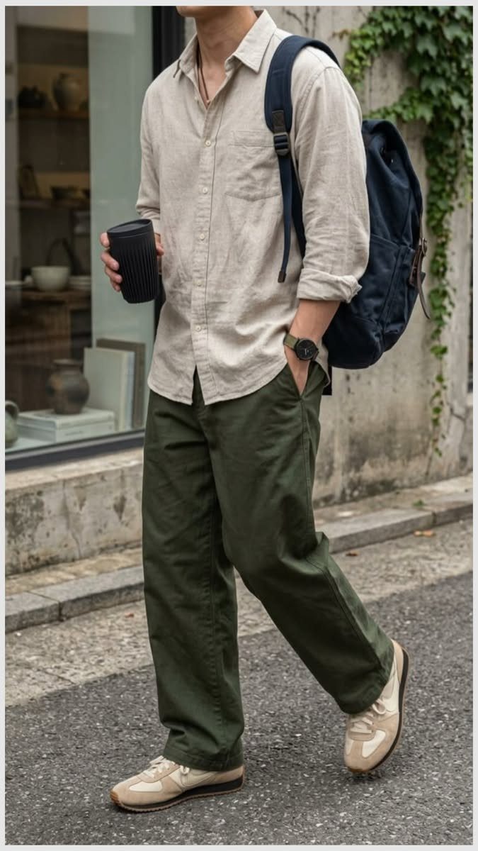 Man walking in a beige linen shirt, olive trousers, and tan sneakers while carrying a backpack.