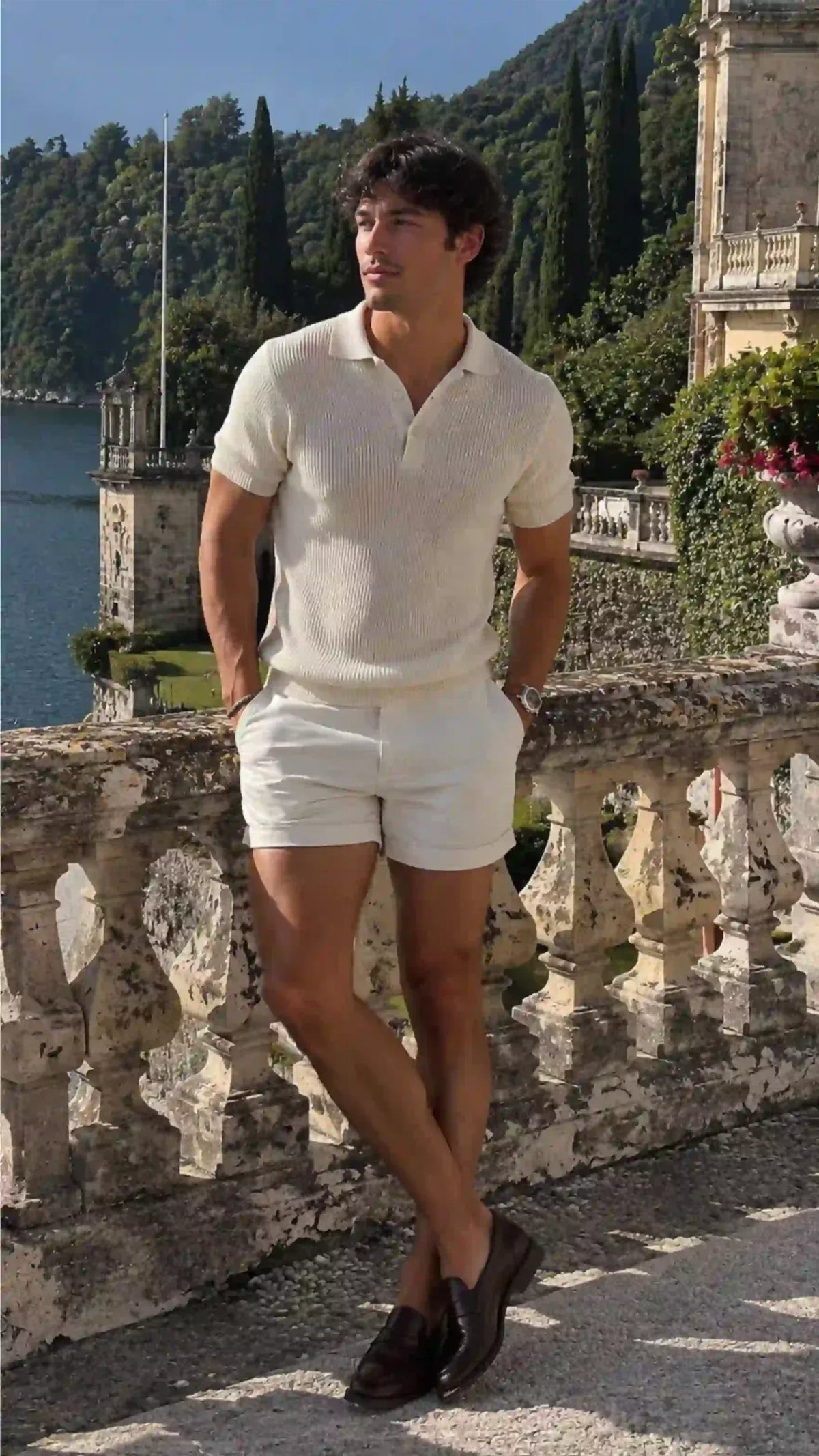 Man in white polo and shorts posing on a stone balcony overlooking a scenic lake.