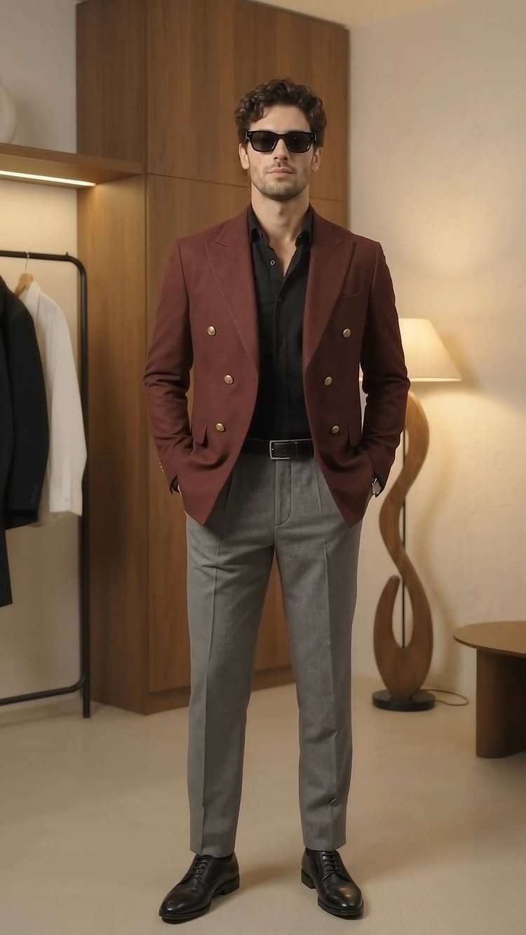 Man in a maroon blazer, black shirt, and grey trousers wearing black leather shoes.