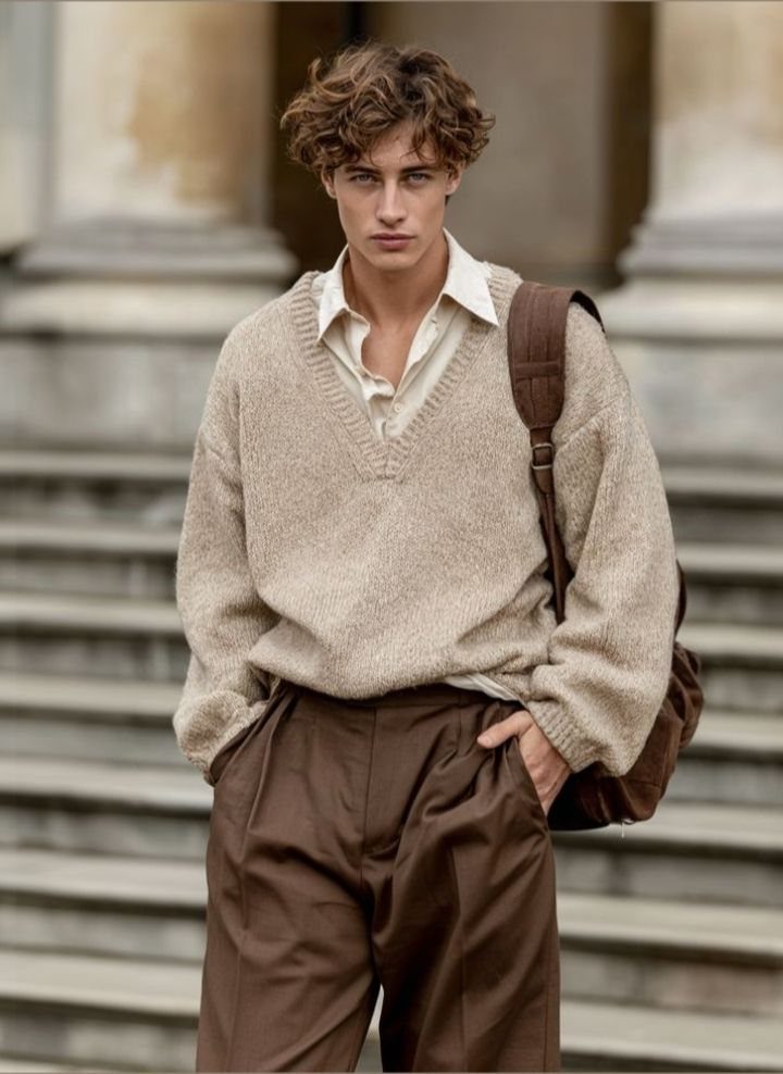 A young man wearing a beige sweater and brown trousers standing outdoors.