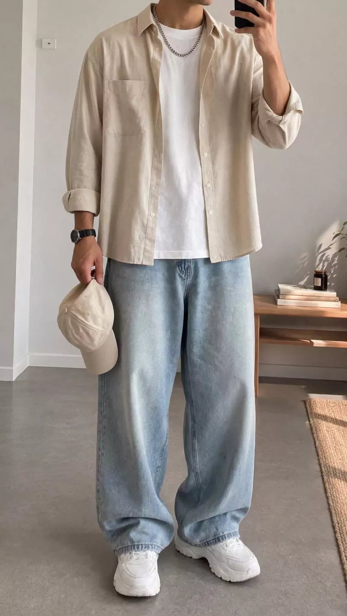 Person wearing a beige button-down shirt, white t-shirt, and wide-leg light blue jeans.
