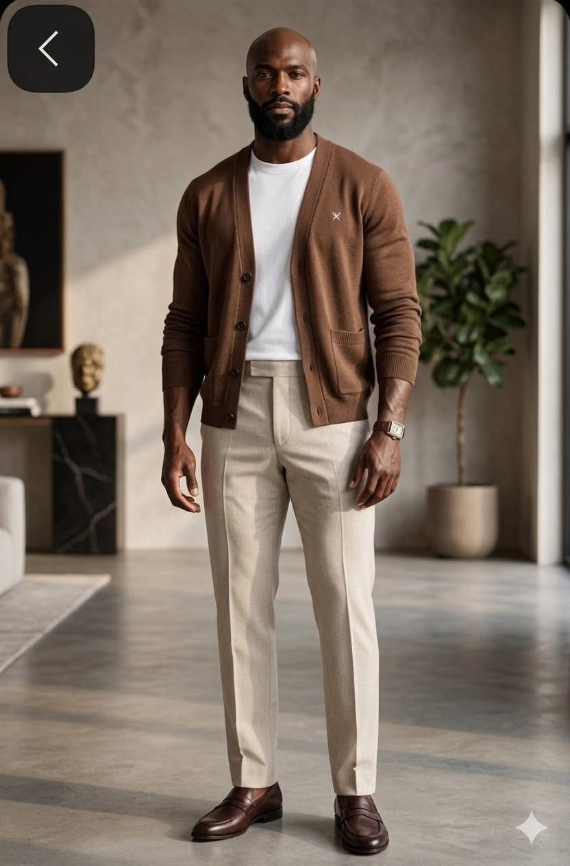A man wearing a brown cardigan, white t-shirt, and beige trousers standing in a modern room.