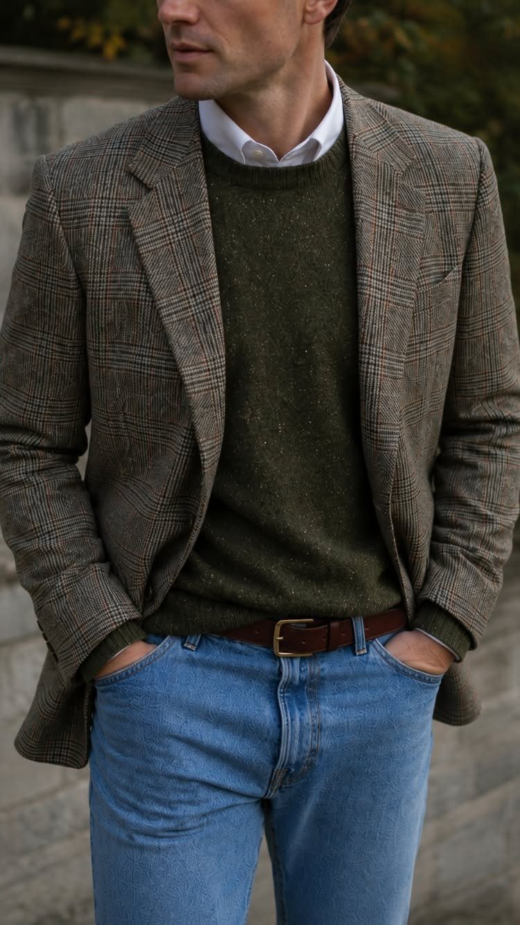 A man wearing a brown plaid tweed blazer, olive sweater, and blue jeans outdoors.