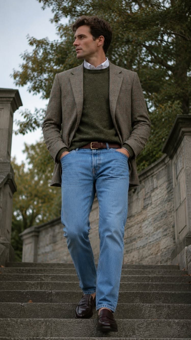 A man walking down stone stairs wearing a brown blazer, green sweater, and blue jeans.