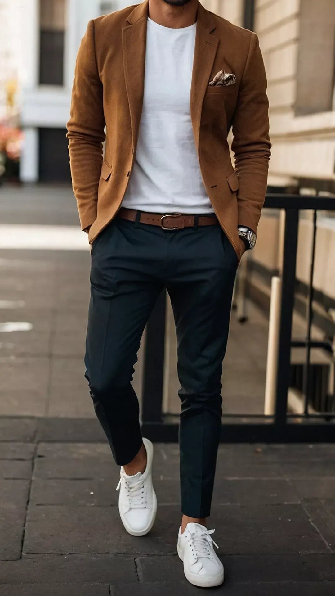 Man walking in a brown blazer, white t-shirt, navy trousers, and white sneakers.