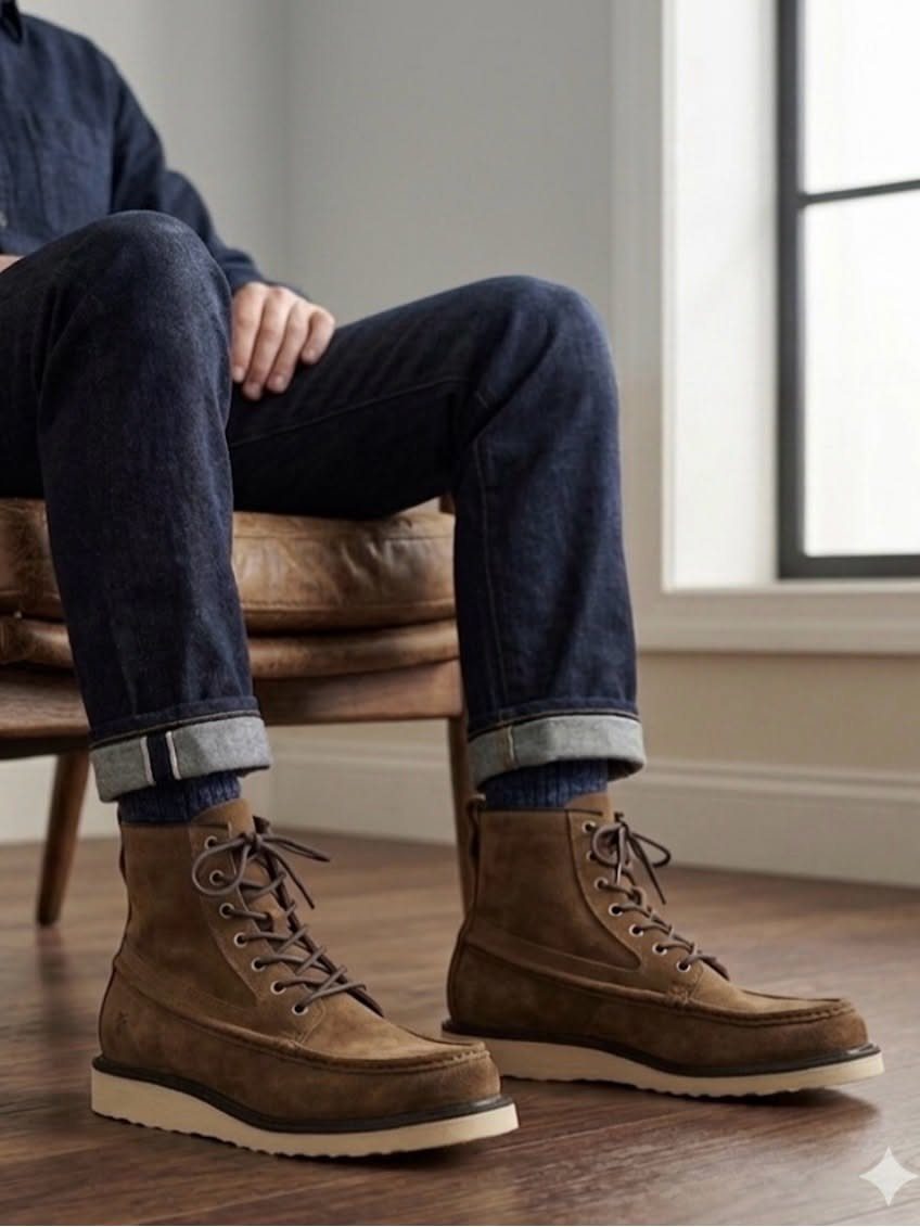 Brown suede lace-up ankle boots worn with dark blue cuffed denim jeans.