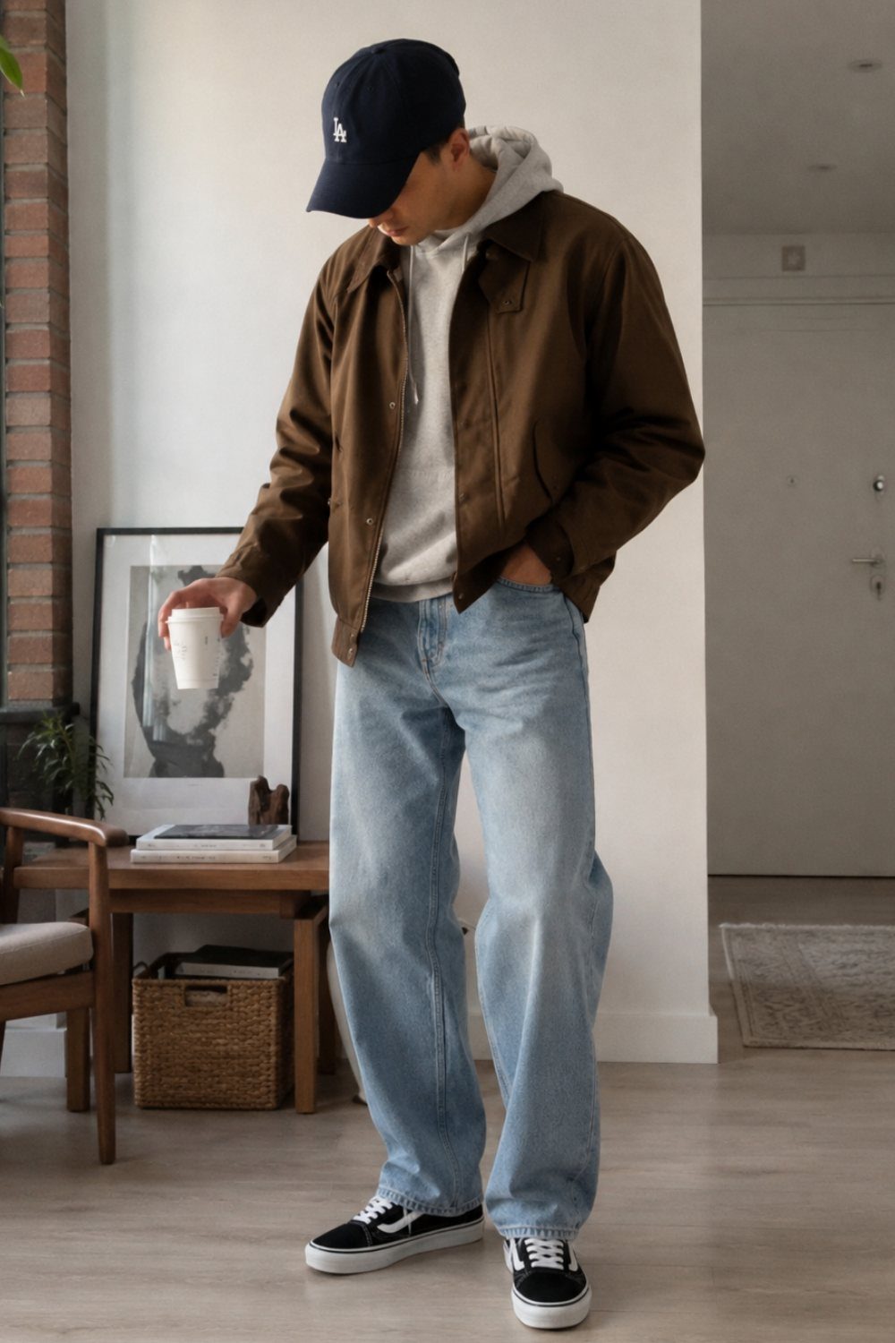 A man wearing a brown jacket, grey hoodie, light blue jeans, and a navy baseball cap.