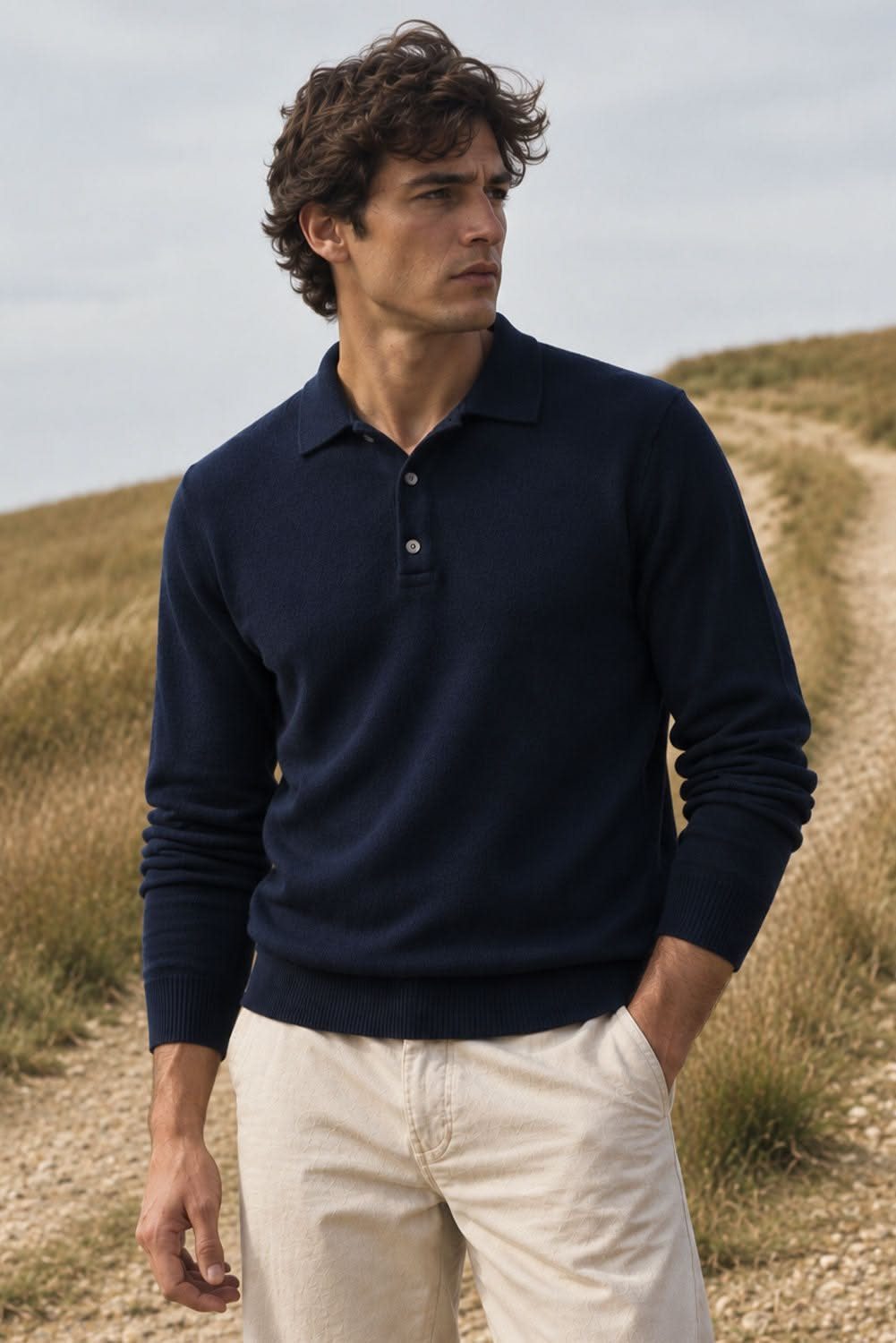 Man wearing a navy blue long-sleeved polo sweater and cream trousers standing outdoors.