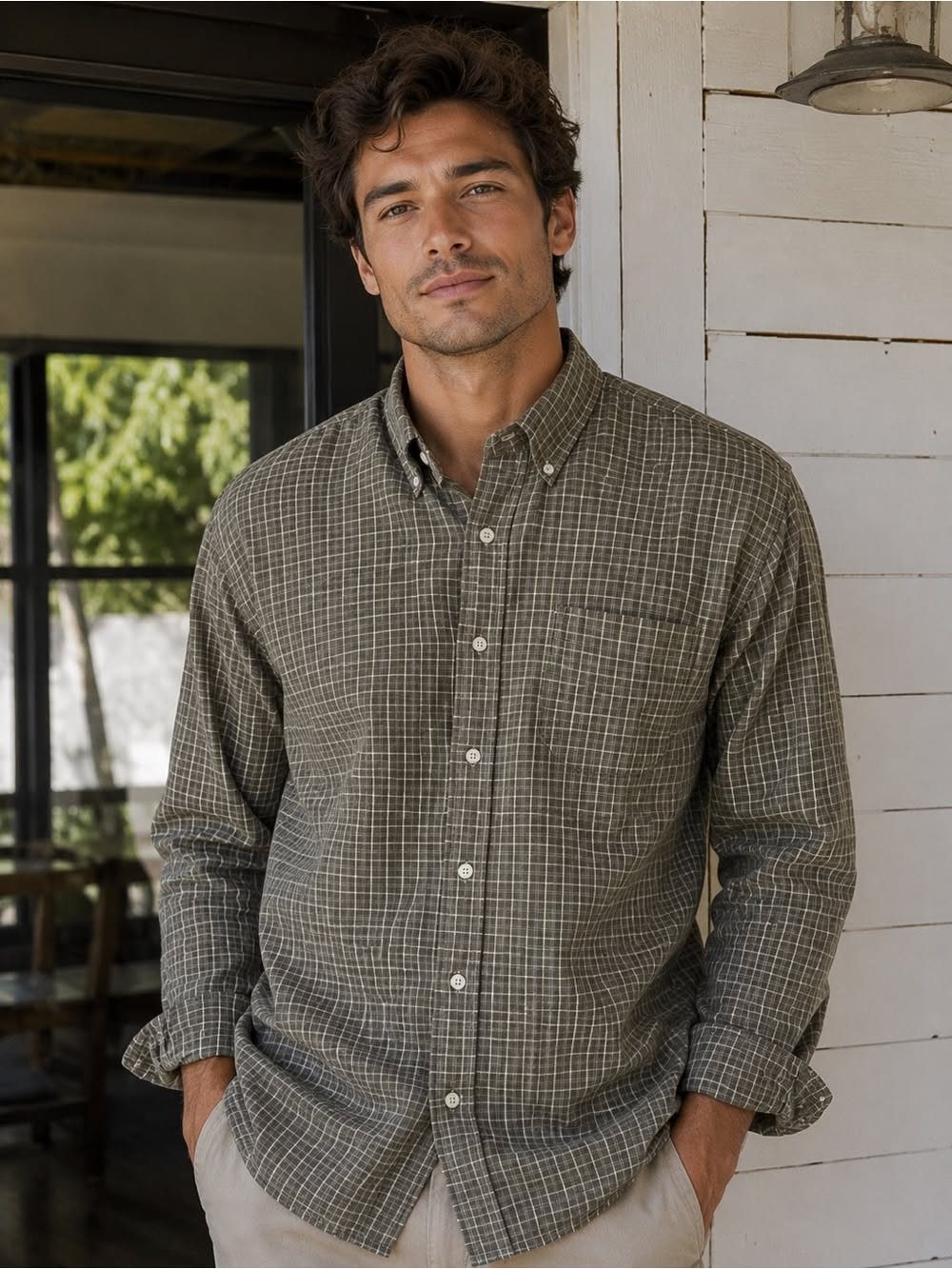 A man wearing a checkered button-down shirt and light trousers standing outdoors.
