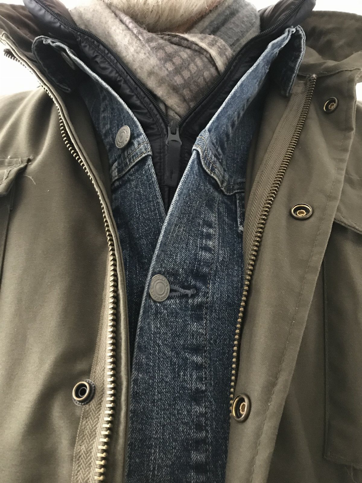 Layered winter clothing featuring an olive parka, denim jacket, and a grey patterned scarf.