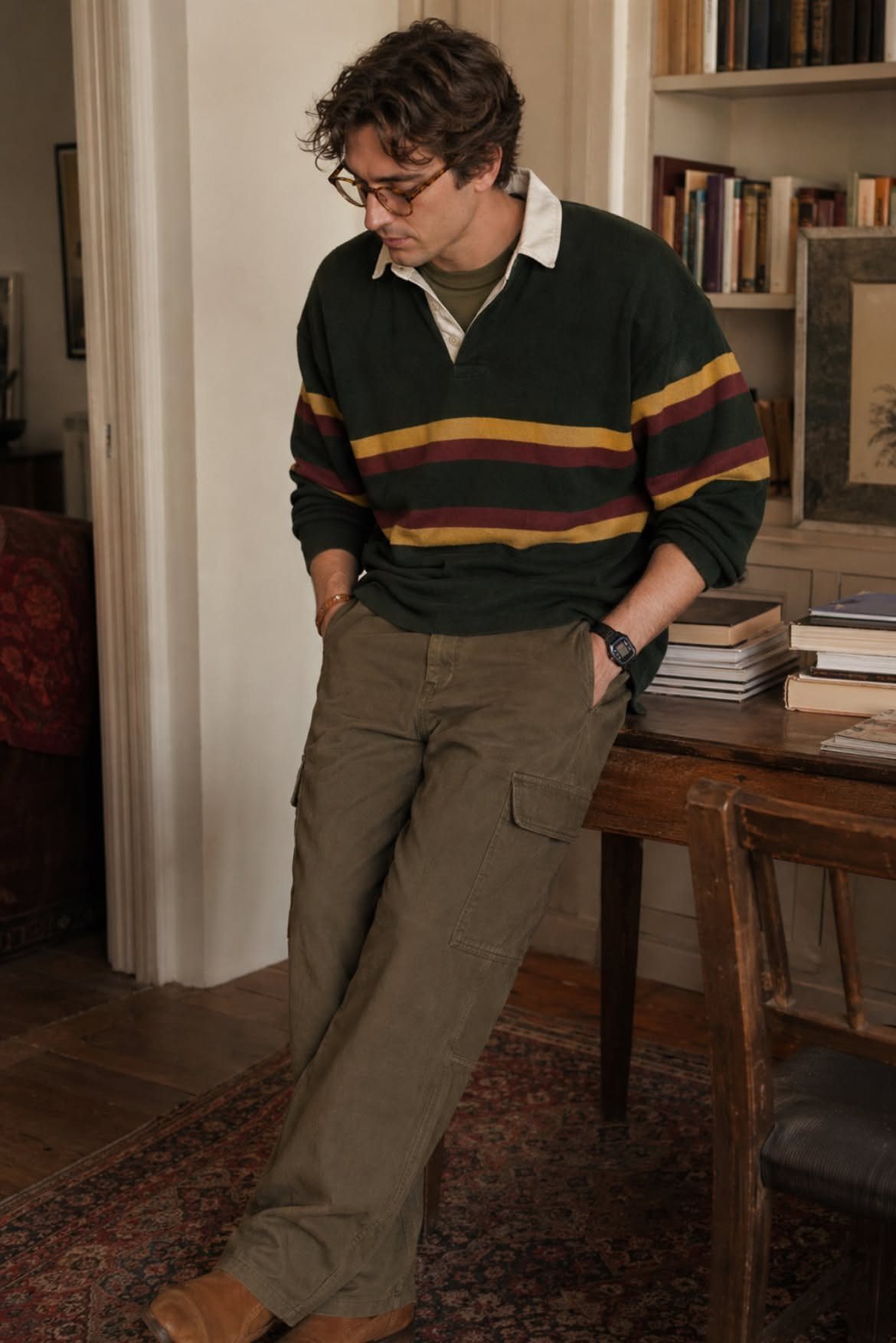Man in a green striped sweater and olive cargo pants standing near a wooden desk.