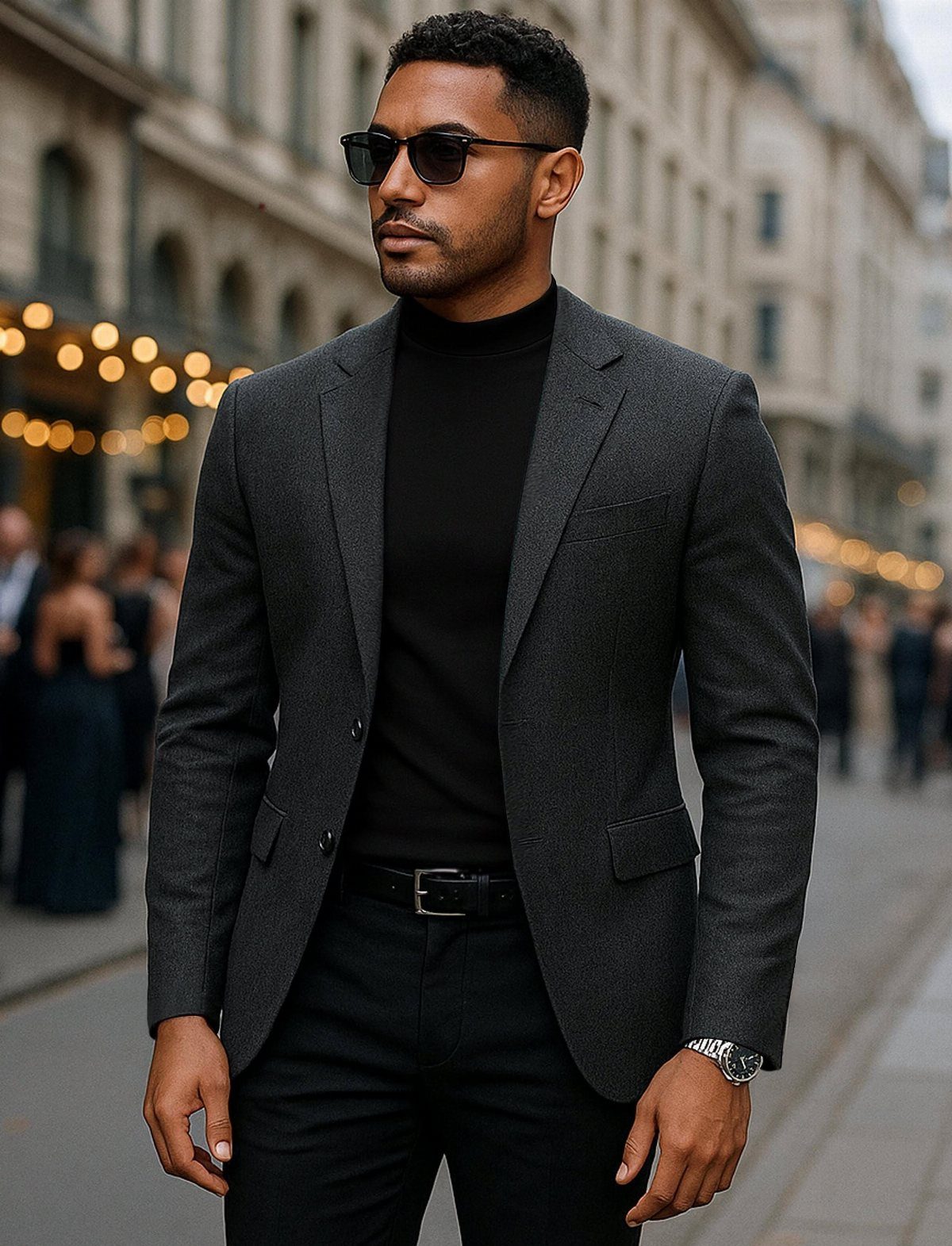 Man in a grey blazer and black turtleneck standing on a city street.
