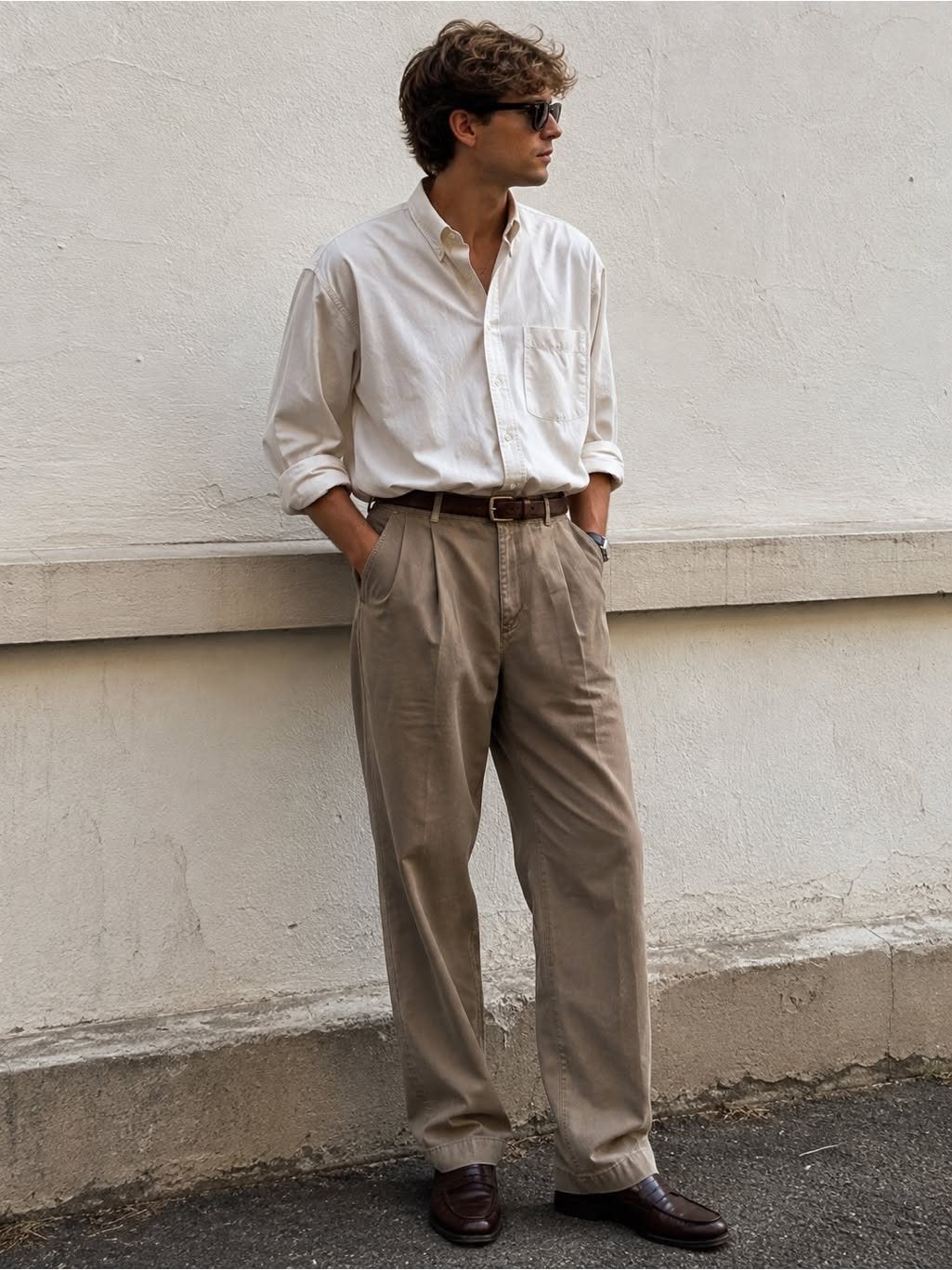 Man wearing a white button-up shirt and tan wide-leg trousers standing against a white wall.